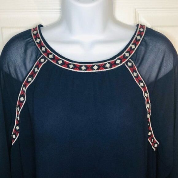 SKIES ARE BLUE Embroidered Mesh Blouse Long sleeve Navy Blue and Red Top M - Picture 3 of 9